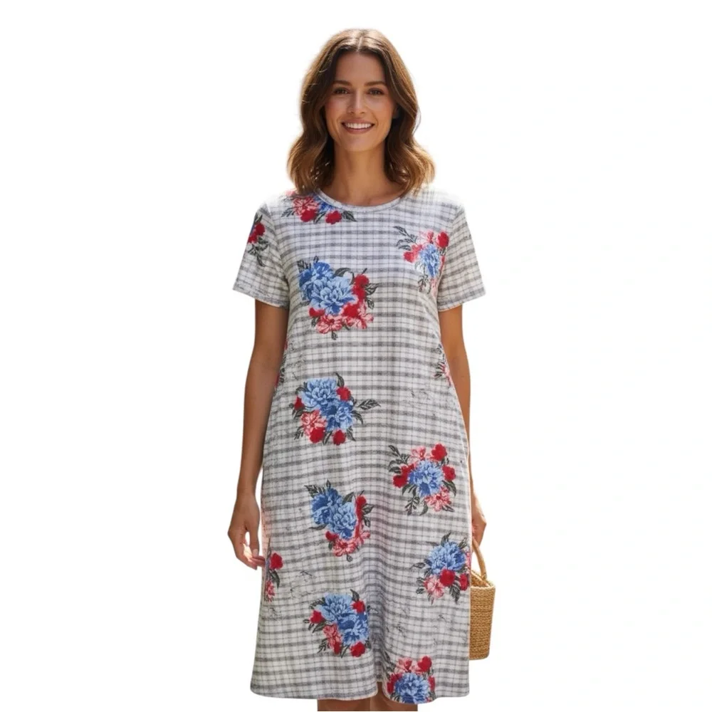 Lularoe XL Carly Dress Black White Plaid & Red Pink Roses Floral Unicorn Print - Picture 12 of 12